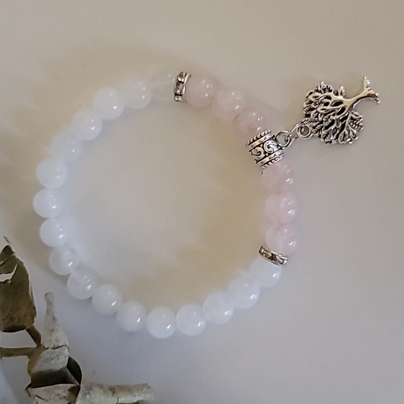 Rose Quartz & White Jade Tree of Life Charm Bracelet - Picture 3 of 8